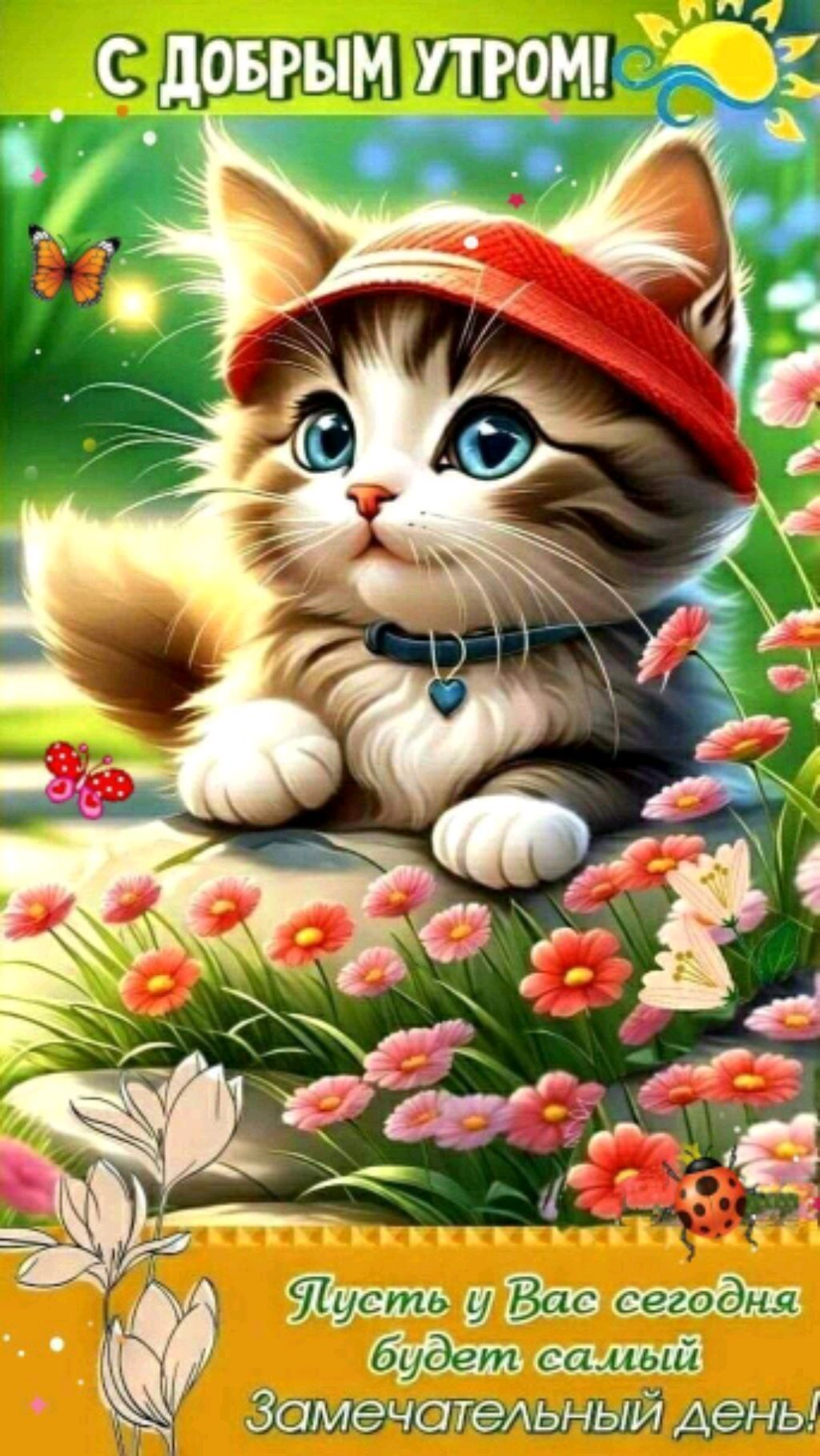 Открытка «С добрым утром»: С добрым утром! Котенок и цветы для замечательного дня. Тэги: кот, животное, пожелание…