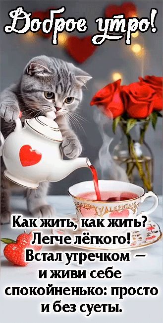Открытка «С добрым утром»: Доброе утро с котом, чаем и нежным пожеланием. Тэги: кот, животное, пожелание, позитивная…