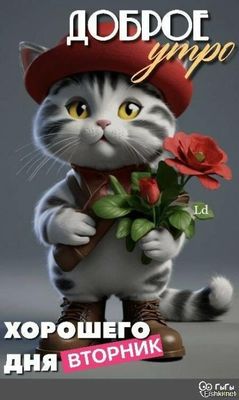 Открытка «С добрым утром»: Доброе утро, вторник! Милый кот с букетом. Тэги: кот, животное, пожелание, цветок, настрое…