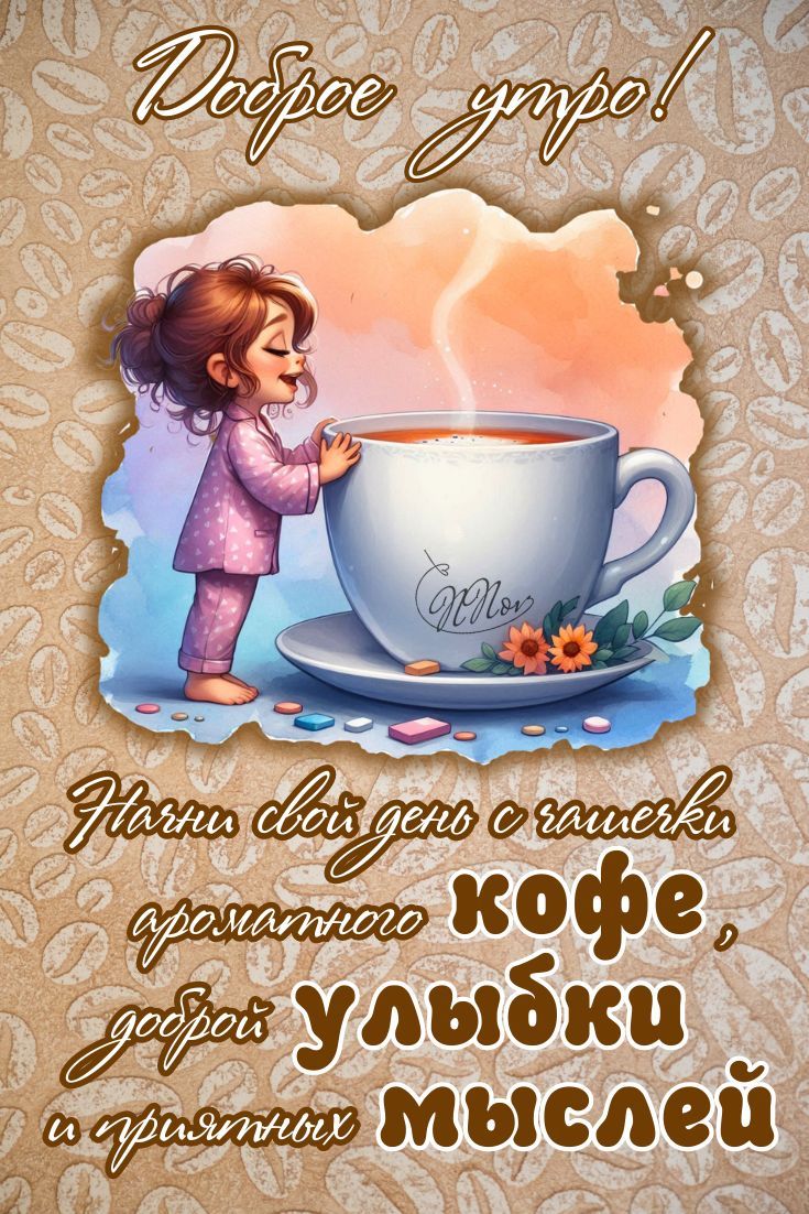 Открытка «С добрым утром»: Доброе утро: чашка кофе, улыбка и приятные мысли. Тэги: пожелание, позитивная, хорошего дня…