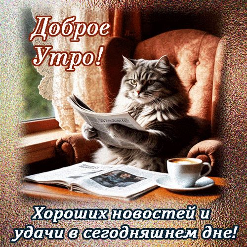 Открытка «С добрым утром»: Котик с кофе и газетой: Доброе утро и удачи!. Тэги: кот, животное, пожелание, позитивная…