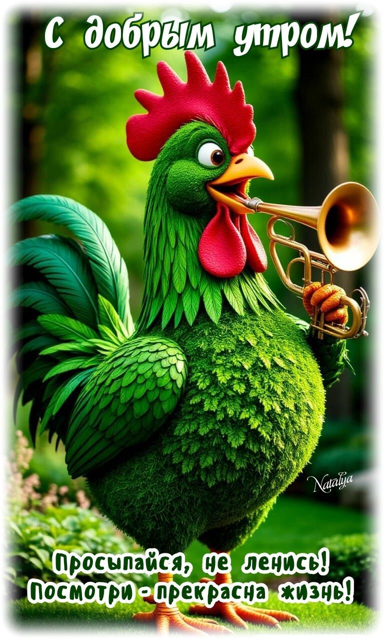 Открытка «С добрым утром»: С добрым утром: веселый петух зовет проснуться!. Тэги: животное, пожелание, юмор, утро…