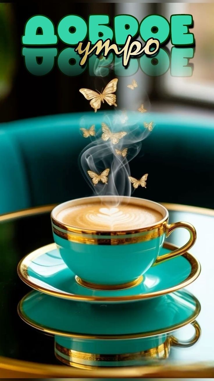 Открытка «С добрым утром»: Нежное доброе утро с бабочками и кофе. Тэги: пожелание, позитивная, отличное настроение…