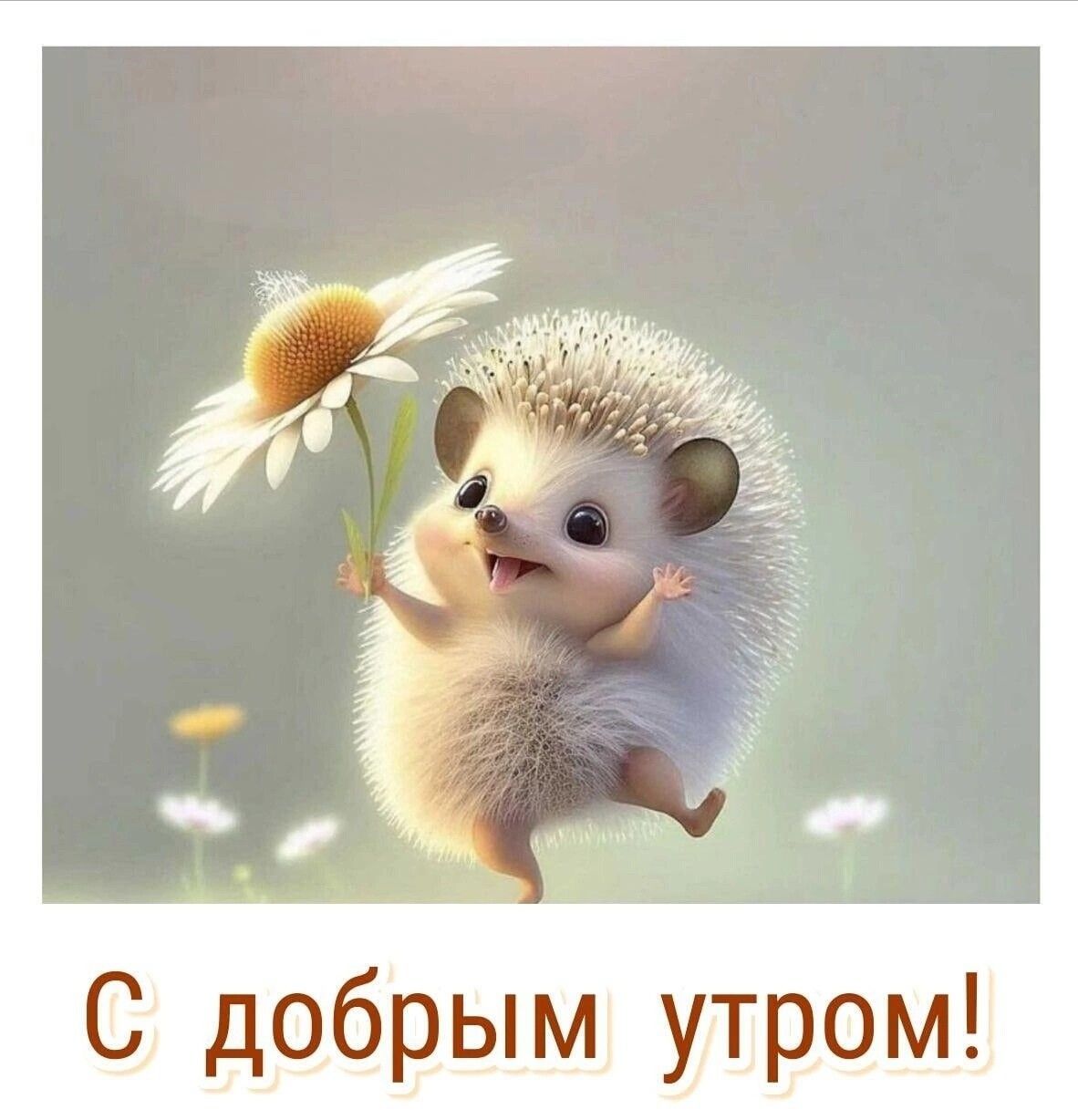 Открытка «С добрым утром»: С добрым утром! Милый ёжик дарит ромашку. Тэги: животное, пожелание, позитивная, улыбка…