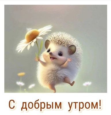 Открытка «С добрым утром»: С добрым утром! Милый ёжик дарит ромашку. Тэги: животное, пожелание, позитивная, улыбка…