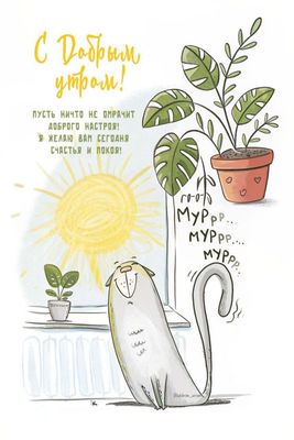 Открытка «С добрым утром»: С добрым утром! Солнце, кот и хорошее настроение. Тэги: кот, животное, пожелание, позитивн…
