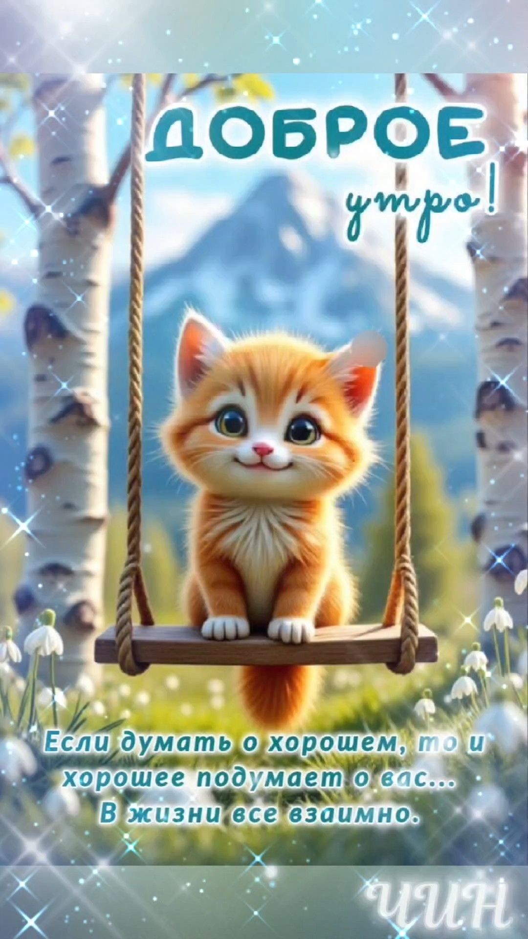 Открытка «С добрым утром»: Доброе утро с пушистым котенком на качелях!. Тэги: хорошего дня, кот, животное, пожелание…