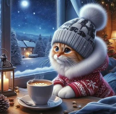 Открытка «С добрым утром»: Уютное доброе утро: кот, кофе и зимняя сказка. Тэги: кот, животное, пожелание, позитивная…