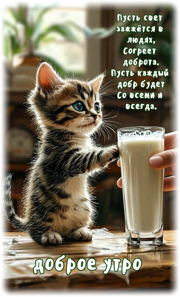 Открытка «С добрым утром»: Доброе утро! Пусть доброта согреет с милым котёнком. Тэги: хорошего дня, кот, животное…