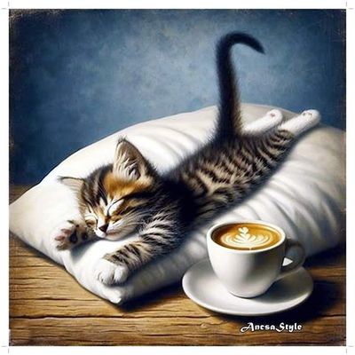 Открытка «С добрым утром»: С добрым утром: Пушистый сон и ароматный кофе. Тэги: кот, животное, пожелание, позитивная…