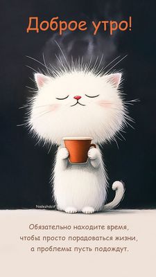 Открытка «С добрым утром»: Пушистое доброе утро: наслаждайся моментом!. Тэги: кот, животное, пожелание, позитивная…