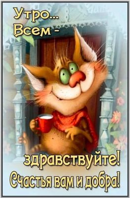 Открытка «С добрым утром»: Утро! Всем счастья и добра от улыбчивого кота. Тэги: кот, животное, пожелание, юмор, улыбка…