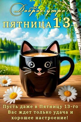 Открытка «С добрым утром»: Доброе утро! Пятница 13-е: день удачи и настроения!. Тэги: кот, животное, пожелание…