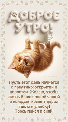 Открытка «С добрым утром»: Доброе утро с пушистым котиком и нежным пожеланием. Тэги: хорошего дня, кот, животное…