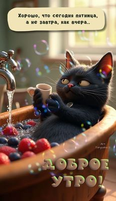 Открытка «С добрым утром»: С добрым утром пятницы! Котик в ванне с ягодами. Тэги: кот, животное, пожелание, отличное…