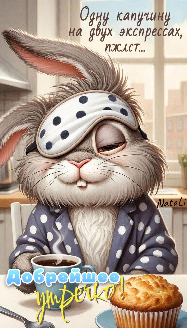 Открытка «С добрым утром»: Добрейшее утречко: зайка, кофе и уют. Тэги: хорошего дня, животное, пожелание, позитивная…