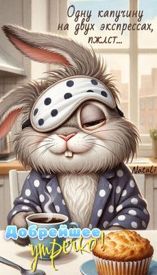 Открытка «С добрым утром»: Добрейшее утречко: зайка, кофе и уют. Тэги: хорошего дня, животное, пожелание, позитивная…