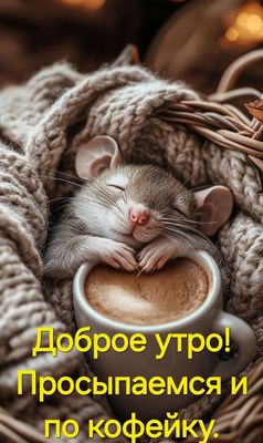 Открытка «С добрым утром»: Доброе утро! Просыпаемся с кофе и милой мышкой. Тэги: животное, пожелание, позитивная, утро…