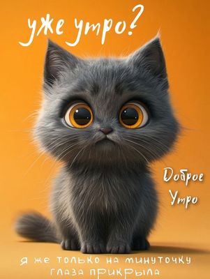 Открытка «С добрым утром»: Уже утро? С добрым утром от пушистой сони!. Тэги: хорошего дня, кот, животное, пожелание…