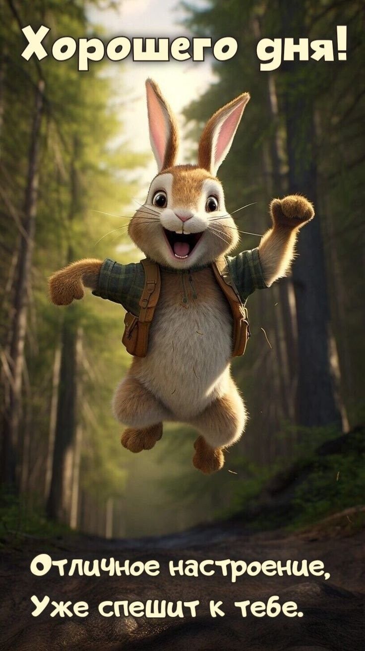 Открытка «С добрым утром»: Позитивный зайчик: отличного дня и настроения!. Тэги: животное, пожелание, отличное настро…