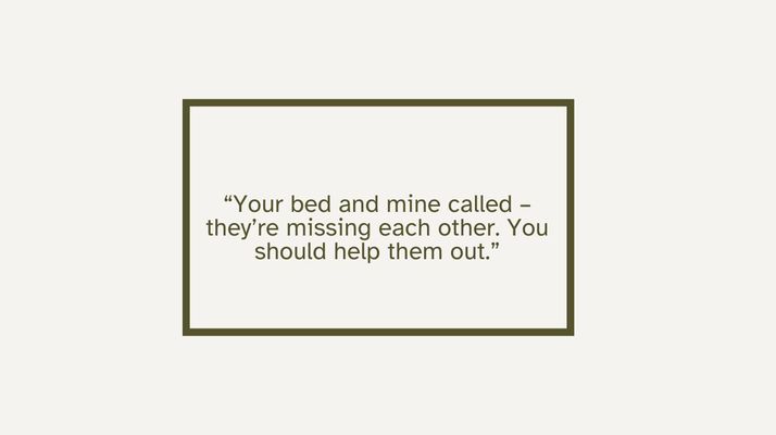 Открытка «С добрым утром»: С добрым утром! Кровати скучают по нам. Тэги: пожелание, юмор, утро, мужчина, женщина…