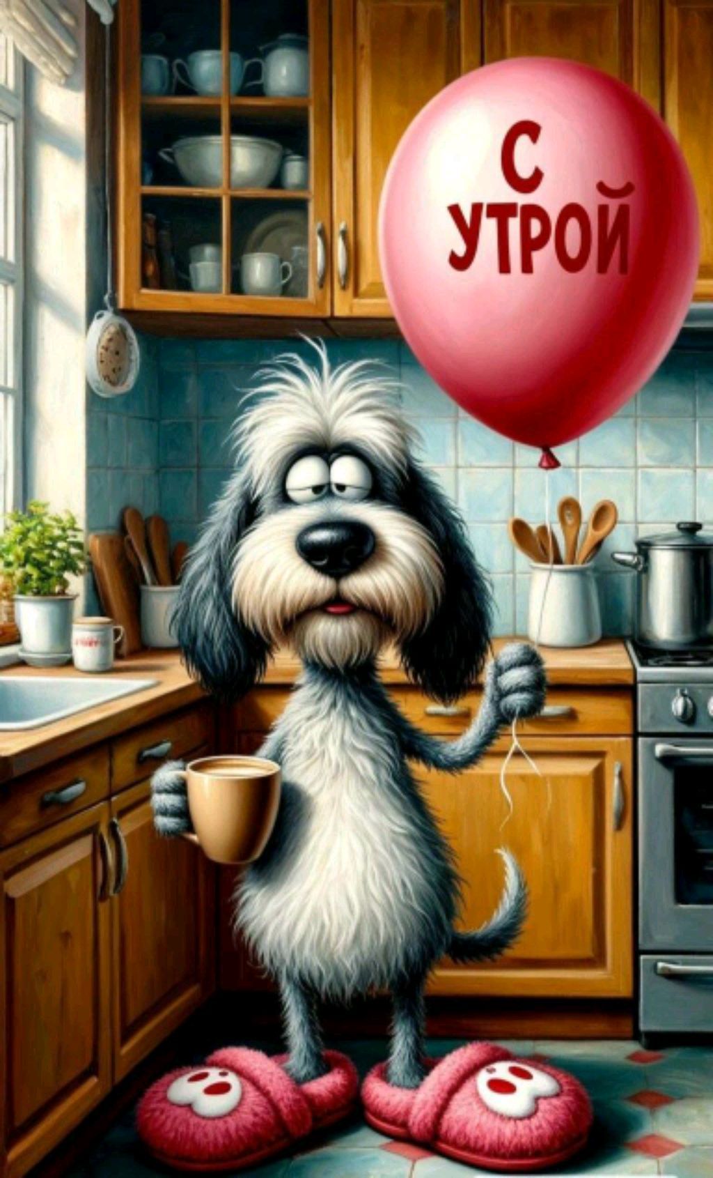 Открытка «С добрым утром»: Доброе утро: милый пес, кофе и позитив. Тэги: хорошего дня, животное, пожелание, позитивная…