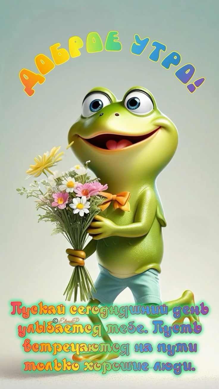 Открытка «С добрым утром»: Пусть день улыбается: доброе утро с лягушонком. Тэги: хорошего дня, животное, пожелание…