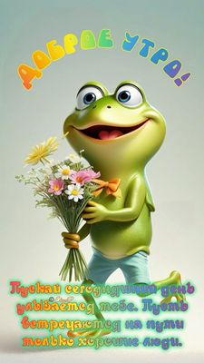 Открытка «С добрым утром»: Пусть день улыбается: доброе утро с лягушонком. Тэги: хорошего дня, животное, пожелание…