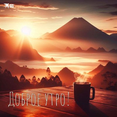 Открытка «С добрым утром»: Рассвет в горах: доброе утро с ароматным напитком. Тэги: хорошего дня, пожелание, позитивн…