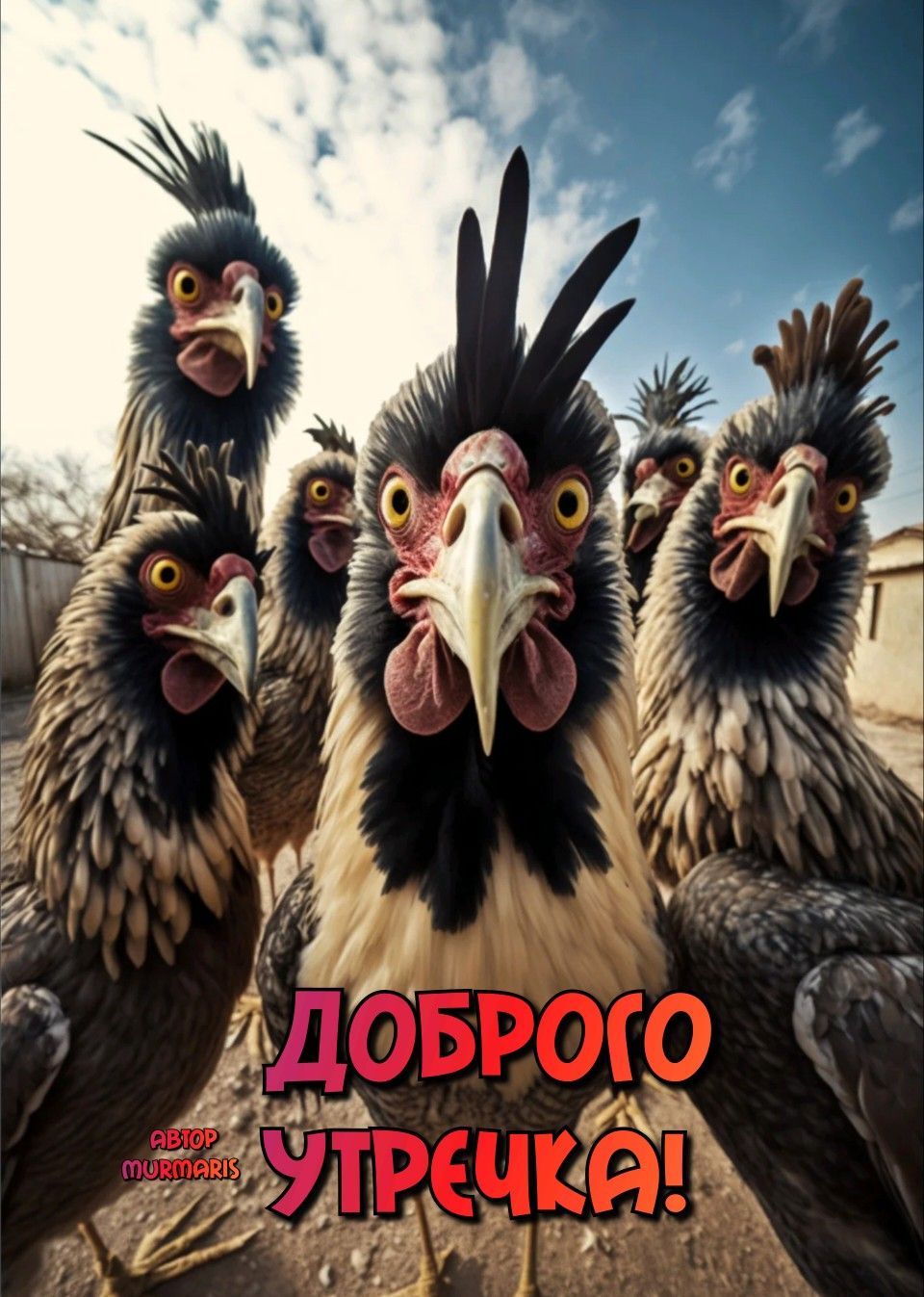 Открытка «С добрым утром»: Необычное доброе утро от взлохмаченных петухов. Тэги: Хорошего настроения, С добрым утром…
