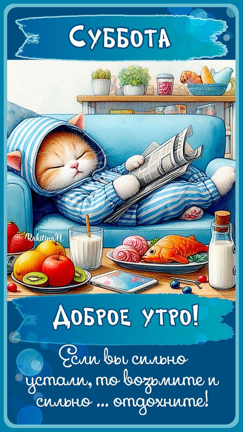 Открытка «С добрым утром»: С добрым утром, Суббота! Время уютного отдыха. Тэги: хорошего дня, кот, животное, пожелание…