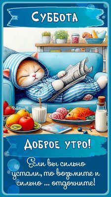 Открытка «С добрым утром»: С добрым утром, Суббота! Время уютного отдыха. Тэги: хорошего дня, кот, животное, пожелание…