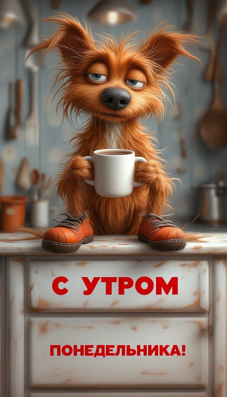 Открытка «С добрым утром»: С добрым утром понедельника! Мохнатый друг с кофе. Тэги: животное, пожелание, позитивная…