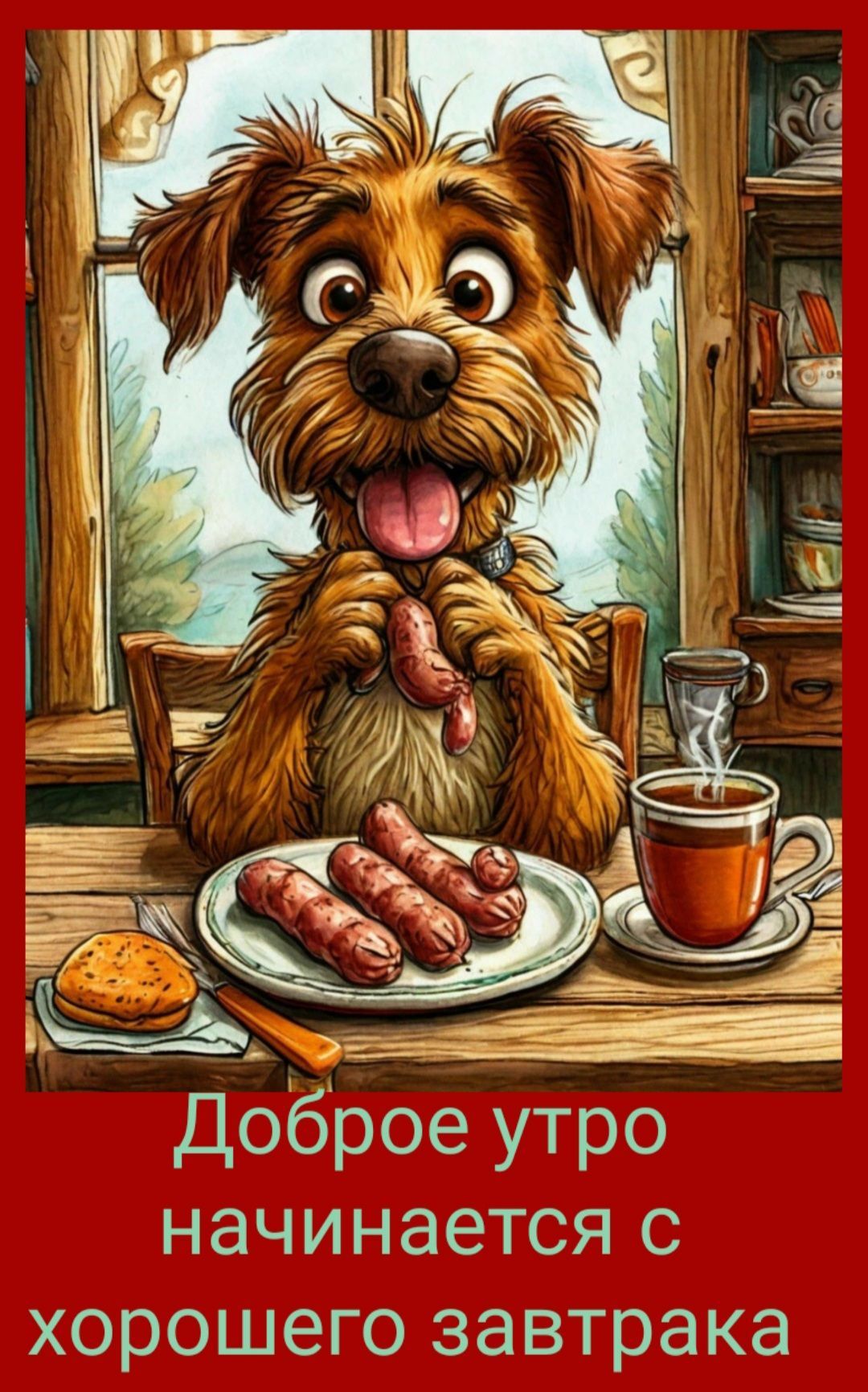 Открытка «С добрым утром»: Забавный пес и вкусный завтрак для доброго утра. Тэги: С добрым утром с юмором, С добрым…
