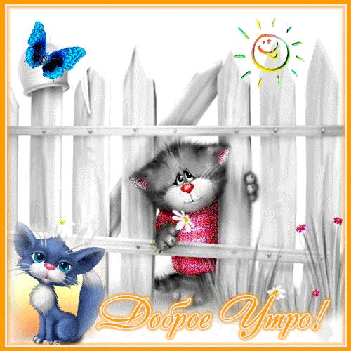 Открытка «С добрым утром»: Доброе утро: милые котята, солнце и цветы. Тэги: кот, животное, пожелание, позитивная…