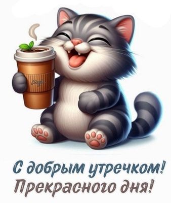 Открытка «С добрым утром»: Милый кот с кофе: доброго утра!. Тэги: кот, животное, пожелание, позитивная, юмор, приколь…