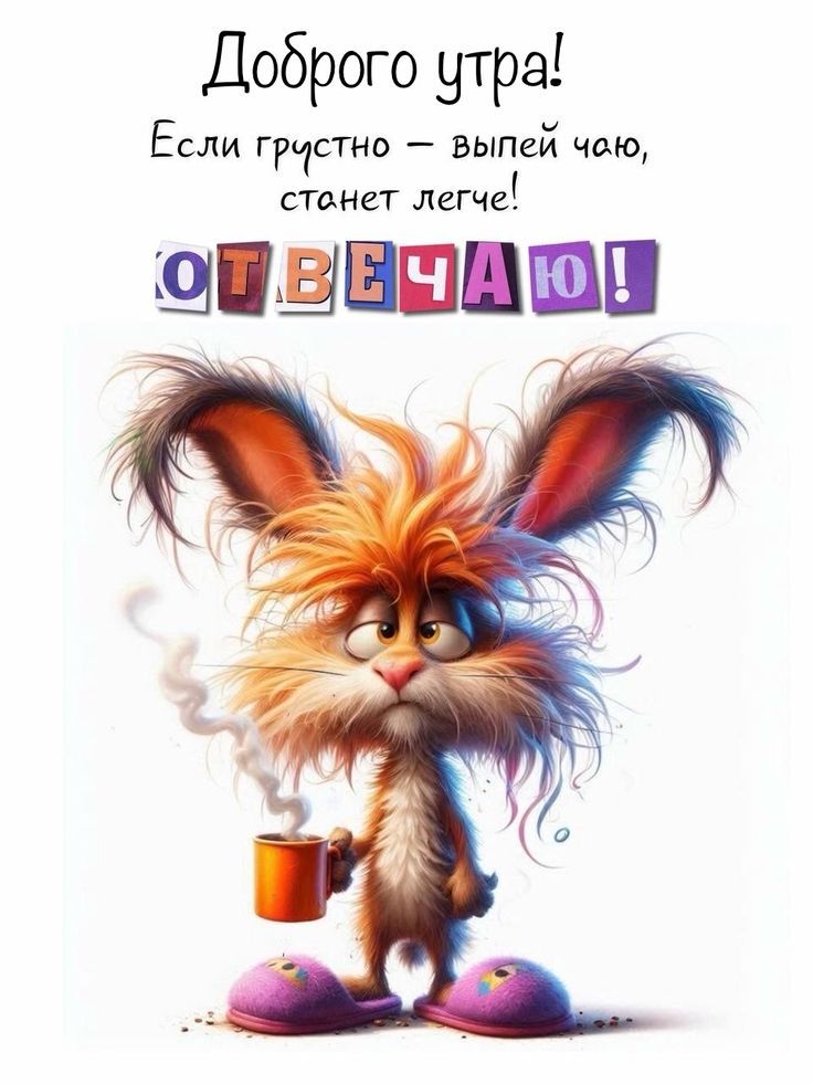 Открытка «С добрым утром»: Пушистый друг зовет на чай: Доброе утро!. Тэги: кот, животное, пожелание, юмор, утро, чай…