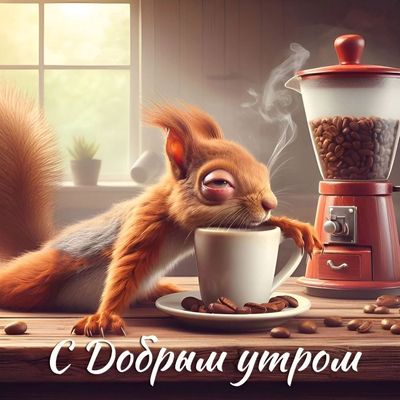 Открытка «С добрым утром»: С добрым утром: Соня-белка и бодрящий кофе. Тэги: животное, пожелание, позитивная, отлично…