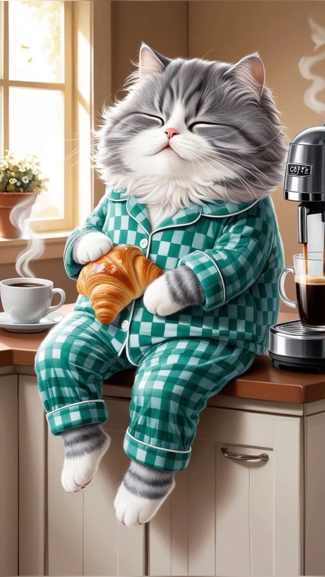 Открытка «С добрым утром»: Пушистое утро: кот, кофе, уют и круассан. Тэги: кот, животное, пожелание, отличное настрое…