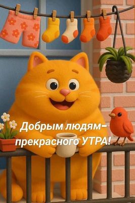 Открытка «С добрым утром»: Добрым людям – прекрасного утра от кота и птички!. Тэги: кот, животное, пожелание, отлично…