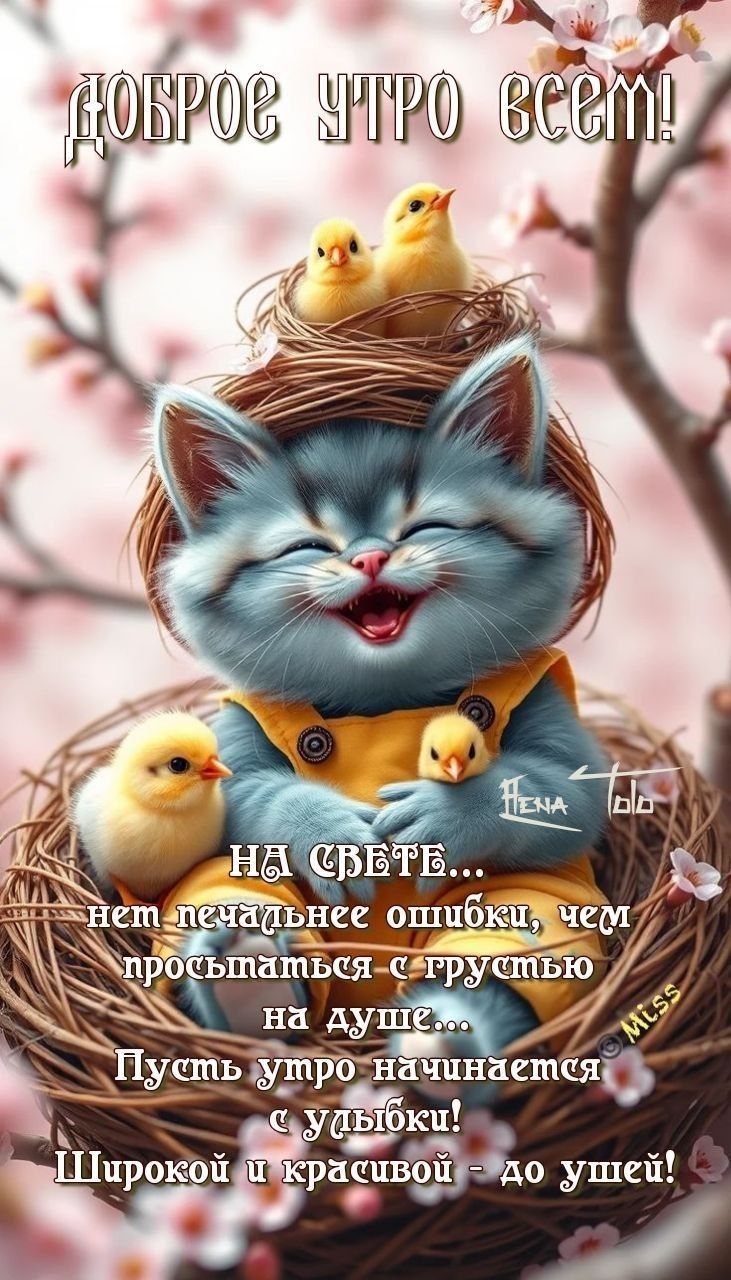 Открытка «С добрым утром»: Доброе утро: улыбка до ушей от котёнка и цыплят. Тэги: животное, пожелание, прикольная…