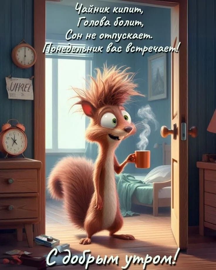 Открытка «С добрым утром»: Понедельник, белка и кофе: С добрым утром!. Тэги: животное, пожелание, позитивная, юмор…