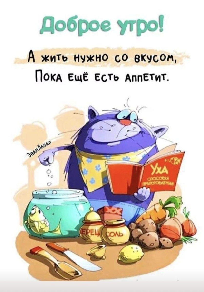 Открытка «С добрым утром»: Доброе утро! Кот-повар зовёт жить со вкусом. Тэги: хорошего дня, кот, животное, пожелание…