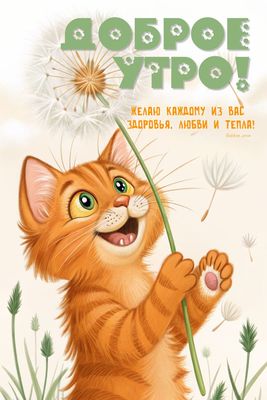 Открытка «С добрым утром»: Рыжий кот желает доброго утра, здоровья и тепла!. Тэги: кот, животное, пожелание, позитивн…