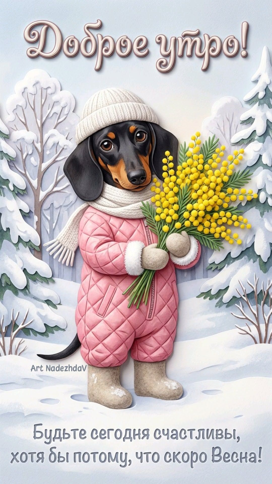 Открытка «С добрым утром»: Доброе утро! Милая такса, мимоза и ожидание весны. Тэги: животное, пожелание, позитивная…