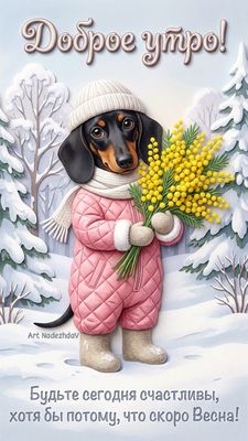 Открытка «С добрым утром»: Доброе утро! Милая такса, мимоза и ожидание весны. Тэги: животное, пожелание, позитивная…