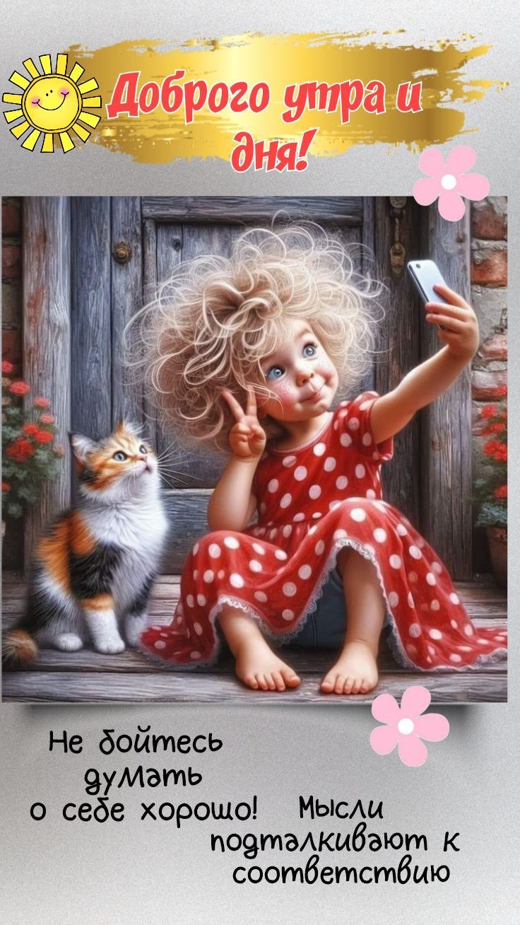 Открытка «С добрым утром»: Милая девочка, кот и селфи – с добрым утром!. Тэги: хорошего дня, кот, пожелание, отличное…