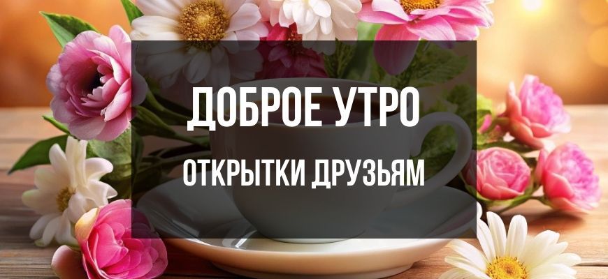 Открытка «С добрым утром»: Доброе утро, друзья! Цветочная нежность и кофе. Тэги: хорошего дня, пожелание, позитивная…
