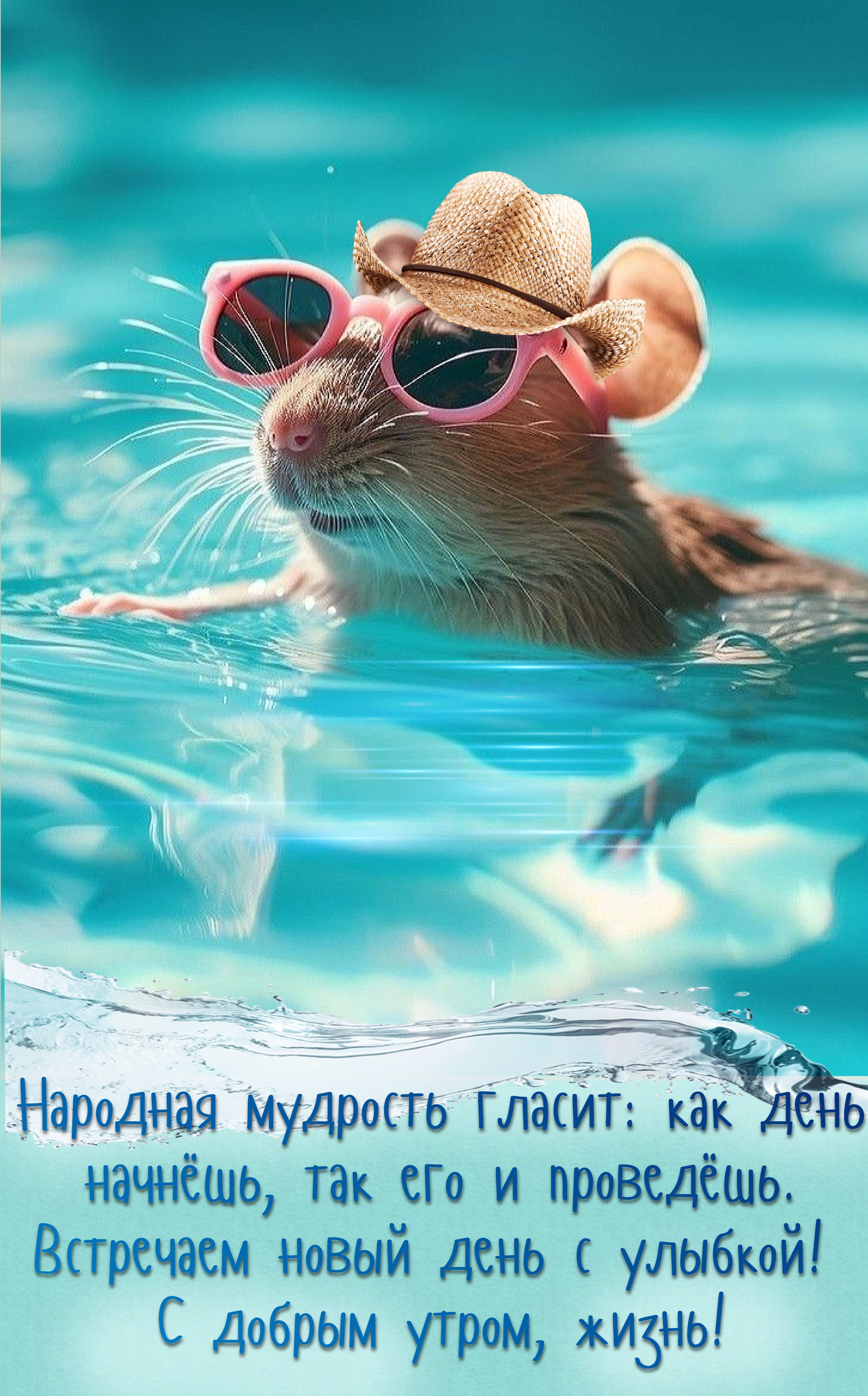 Открытка «С добрым утром»: С добрым утром! Улыбчивый мышонок шлет позитив!. Тэги: животное, пожелание, отличное настр…