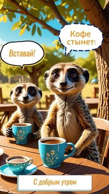 Открытка «С добрым утром»: Сурикаты: Вставай, кофе стынет! С добрым утром!. Тэги: животное, пожелание, позитивная…